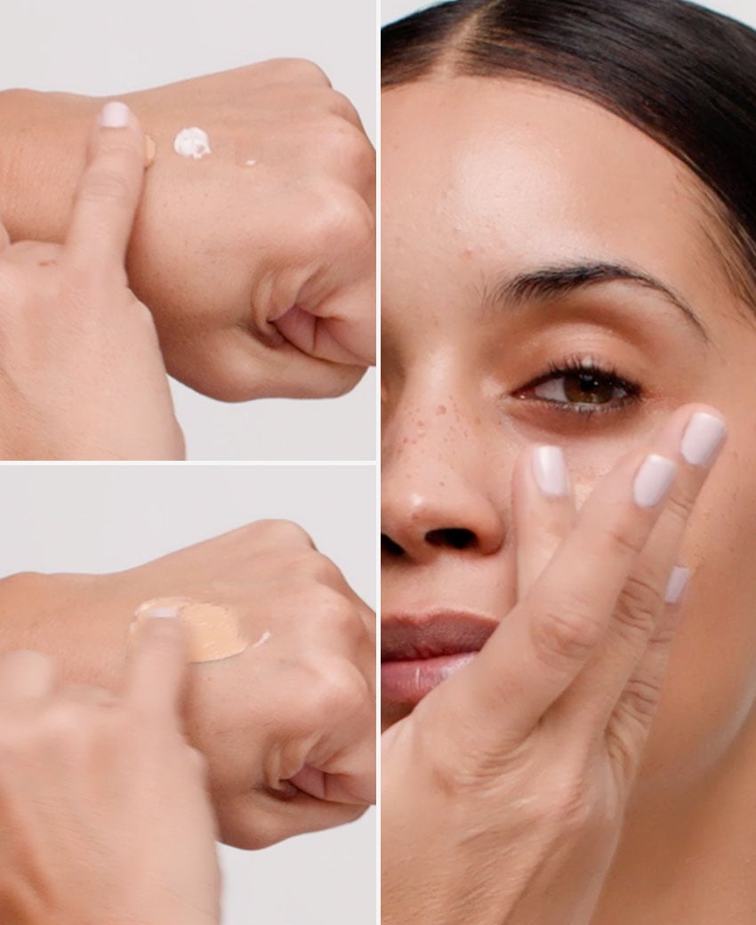 No makeup makeup foundation application with a mix of foundation, serum, and moisturizer